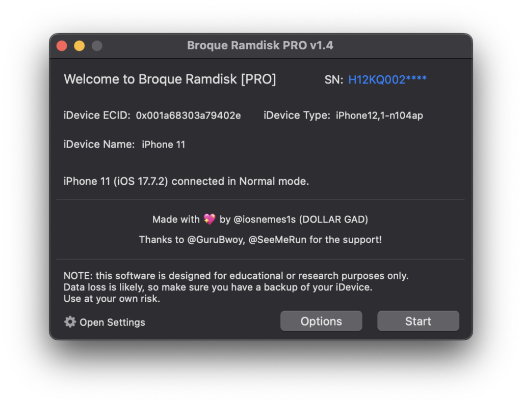 Broque Ramdisk Pro iCloud Bypass Interface