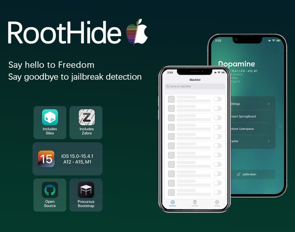 RootHide jailbreak bypasses jailbreak detection in iOS apps.