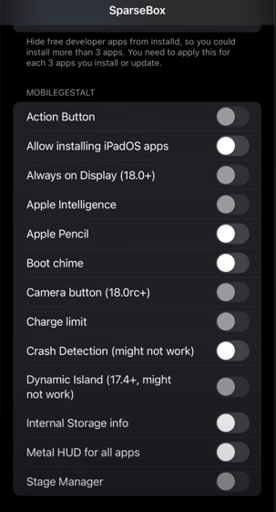 SparseBox available iOS tweaks