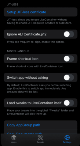 Livecontainer settings on ios 18